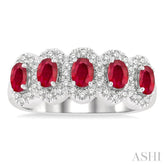 4x3 MM Oval Cut Ruby and 1/3 Ctw Round Cut Diamond Precious Wedding Band in 14K White Gold